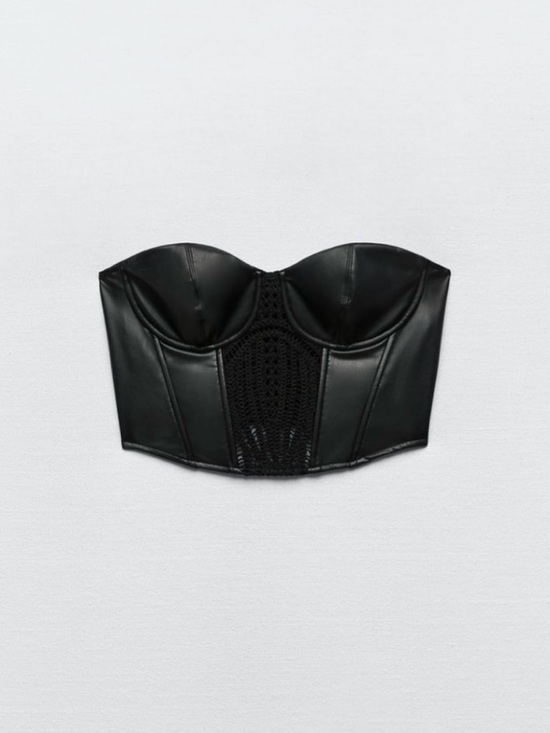 Zara Tops - Zara Black Faux Leather Crochet Bustier